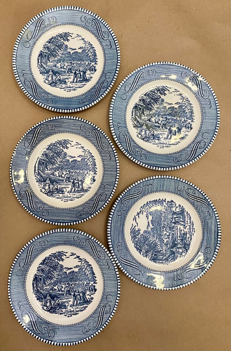 Set of 5 Vintage Currier & Ives Blue and White Bread Plates Etsy