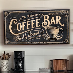 Vintage Coffee Bar Sign, Personalized Retro Cafe Decor, Kitchen Wall Art, Farmhouse Wall Art, Rustic Coffee Art, Custom Name Home Decor