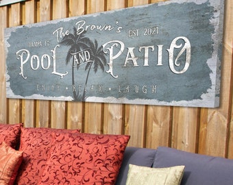 Custom Pool And Patio Sign, Personalized Poolside Wall Art, Canvas Swimming Pool Signs, Enjoy Relax Laugh Sign, Pool House Decor, Pool & Bar