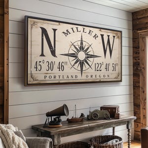 May include: A wooden sign with a compass rose and the text "MILLER NW 45° 30' 46" 122° 41' 51' PORTLAND OREGON".
