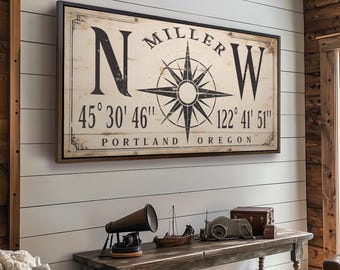 May include: A wooden sign with a compass rose and the text "MILLER NW 45° 30' 46" 122° 41' 51' PORTLAND OREGON".