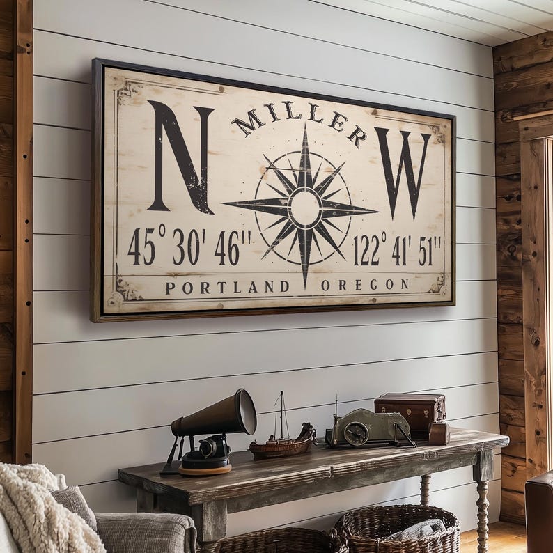 Personalized rustic compass sign with latitude longitude coordinates