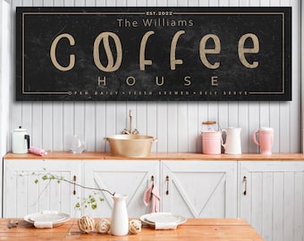 Custom Coffee House Sign, Personalized Coffee Bar Sign, Coffee Bean Art, Kitchen Décor, Huge Black Canvas, Gift for Coffee Lovers,