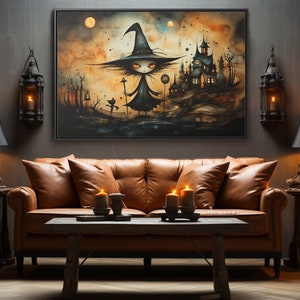 Halloween Canvas Wall Art Framed Landscape, Witch and a Black Cat Front of a Castle In the Moonlight, Halloween Illustration, Spooky Season