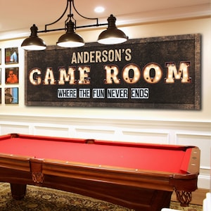 Rustic Game Room Sign, Personalized Family Last Name,  Customized Man Cave Sign, Large Canvas Wall Art, Custom Billiards Sign, Vintage