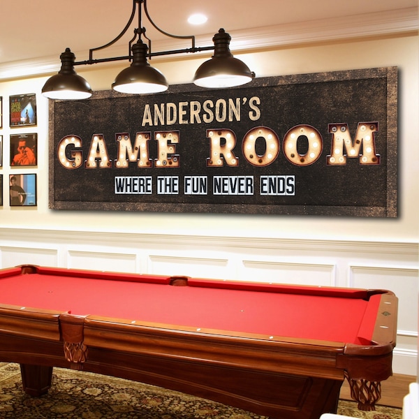 Rustic Game Room Sign, Personalized Family Last Name,  Customized Man Cave Sign, Large Canvas Wall Art, Custom Billiards Sign, Vintage