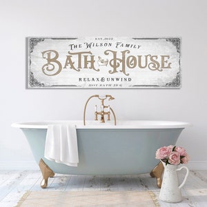 Personalized Bath Sign, Custom Bath House Wall Art, Huge Canvas Print, Bathroom Decor, Family Name Bathtub Design