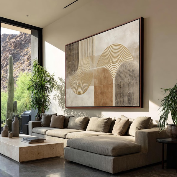 Arte abstracto geométrico moderno, lienzo minimalista enmarcado en beige neutro, decoración bohemia de lujo para el hogar, decoración de pared escandinava, arte bohemio