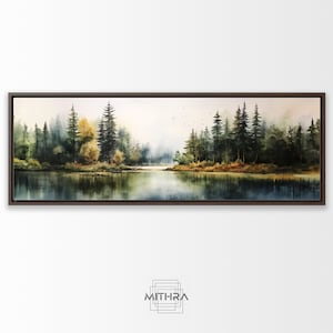 Forest Watercolor Painting, Landscape Large Wall Art, Beautiful Panoramic Mountain Lake Art, Valley Lake Reflection Wood Framed Canvas