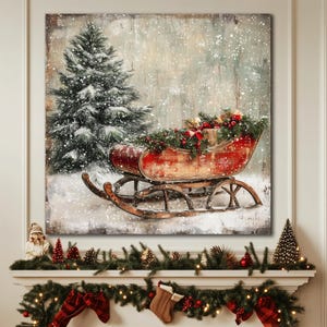 Sleigh Sled Wall Art, Rustic Winter Décor, Cottage Decor, Christmas Canvas Wall Art, Holiday Decoration, Farmhouse Winter Wall Art