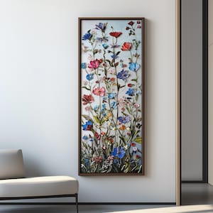 Vertical Floral Framed Wall Art, Peony and Cornflower Wildflower Design, Botanical Wall Decor, Bohemian Modern Painting, Long Narrow Canvas