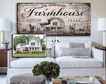 Farmhouse Sign, Custom Farmhouse Sign From Photo, Personalized House Painting, Rustic Sketch House Art, Large Vintage Canvas Wall Art