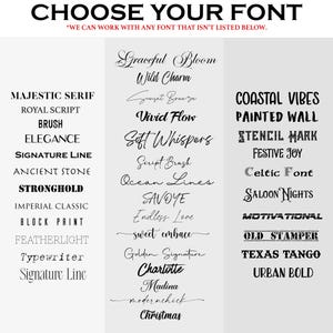 May include: Image featuring a selection of fonts for various design projects. The text "CHOOSE YOUR FONT" is at the top, with a note about custom options. Font styles include "Majestic Serif," "Coastal Vibes," and "Urban Bold."