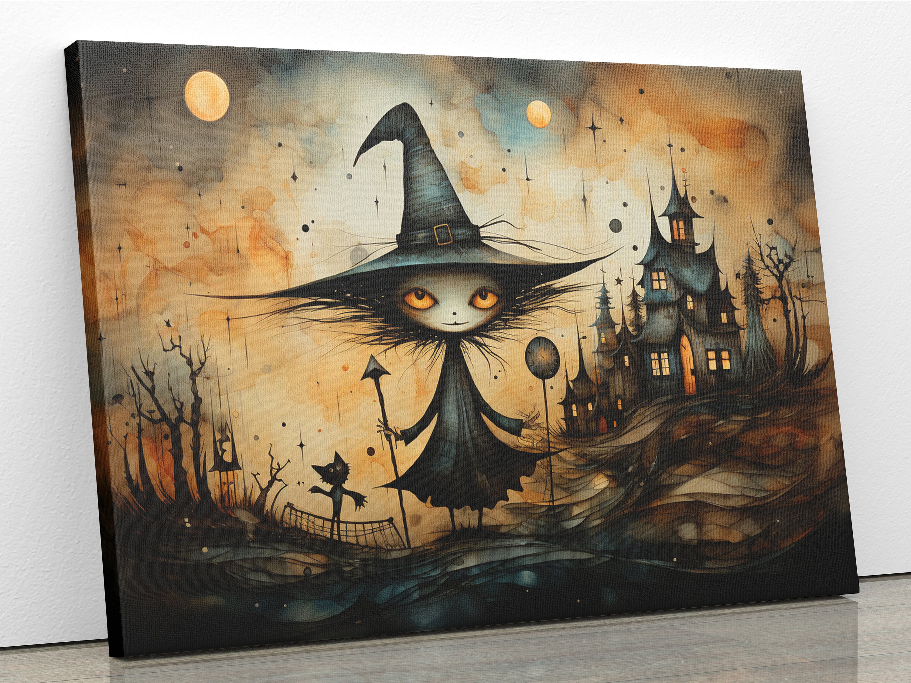 Halloween Canvas Wall Art Framed Landscape, Witch and a Black Cat Front ...
