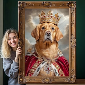 May include: A golden retriever dog wearing a red and gold royal robe and a gold crown. The dog is looking directly at the viewer. The painting is framed in a gold frame.