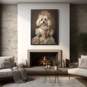May include: A white dog dressed in a white and gold gown with a crown on its head, in a framed portrait, hanging on a wall above a fireplace.