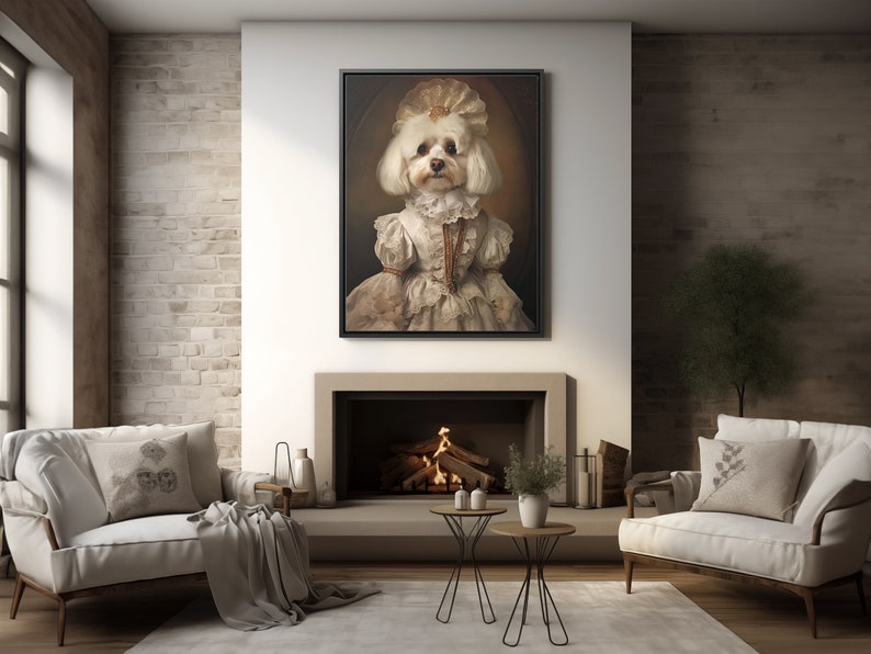 May include: A white dog dressed in a white and gold gown with a crown on its head, in a framed portrait, hanging on a wall above a fireplace.
