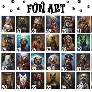 May include: A grid of 96 images featuring various animals dressed up in different costumes and settings. The animals include dogs, cats, and a few other species. The costumes and settings are diverse, ranging from historical figures to pop culture icons. The images are numbered from 65 to 96.