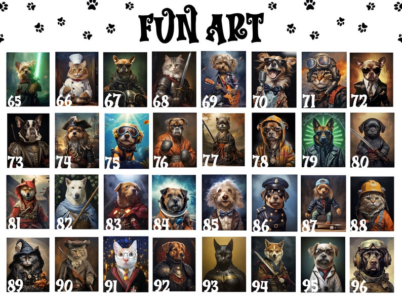 May include: A grid of 96 images featuring various animals dressed up in different costumes and settings. The animals include dogs, cats, and a few other species. The costumes and settings are diverse, ranging from historical figures to pop culture icons. The images are numbered from 65 to 96.