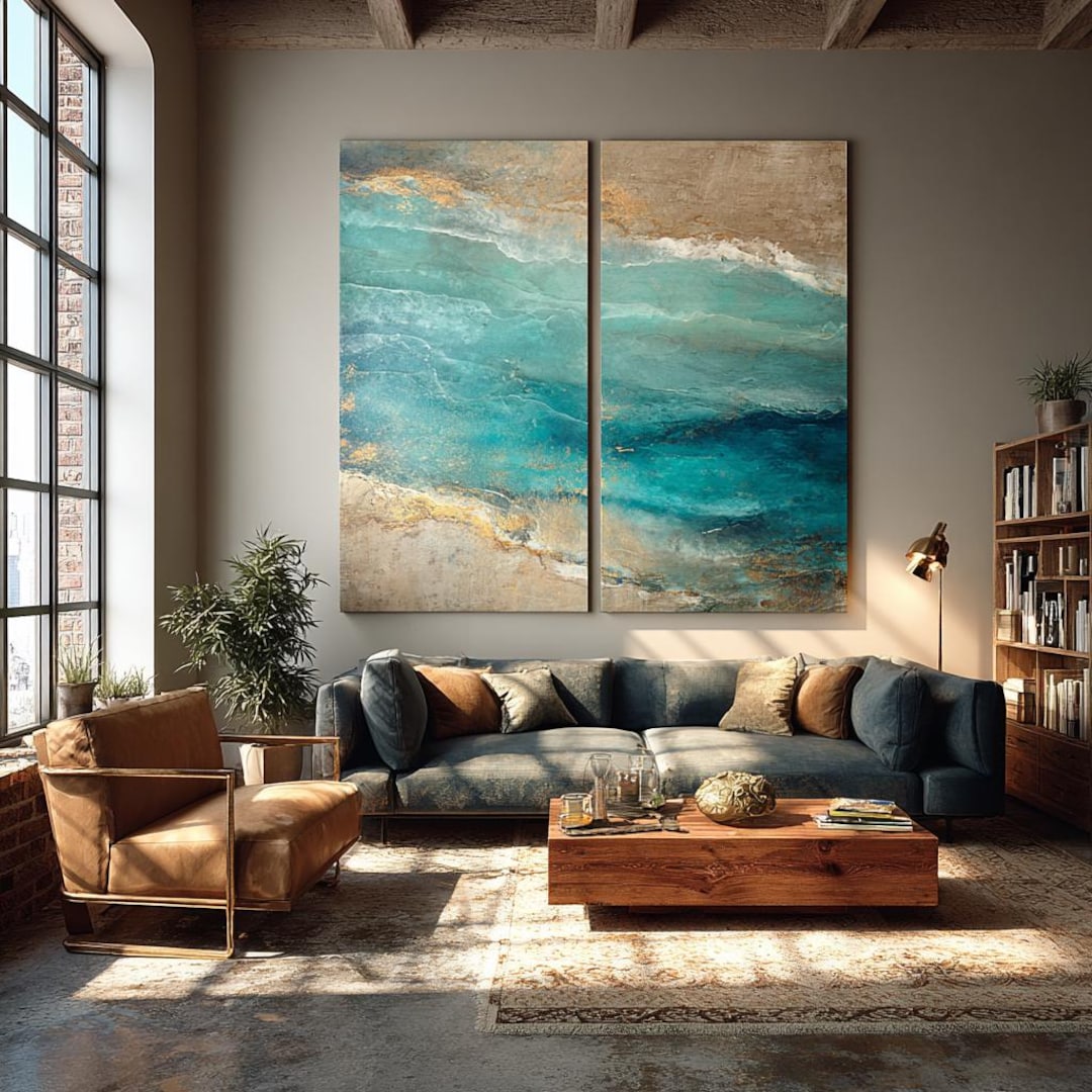 Abstract Teal Gold Coastal Landscape Set of 2 Canvas Wall Art | 2OC732 ...