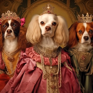 May include: Three dogs dressed in royal attire, wearing crowns and necklaces. The dog on the left is wearing a red dress, the dog in the middle is wearing a pink dress, and the dog on the right is wearing a green dress.