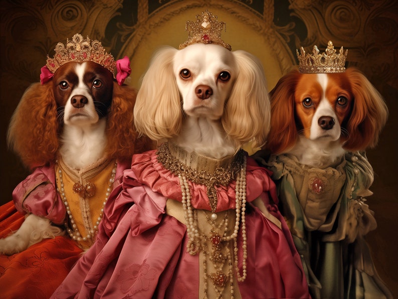 May include: Three dogs dressed in royal attire, wearing crowns and necklaces. The dog on the left is wearing a red dress, the dog in the middle is wearing a pink dress, and the dog on the right is wearing a green dress.