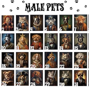 May include: A collage of 32 images featuring various male pets dressed in human clothing and accessories. The pets are in a variety of poses and settings, including sitting on thrones, wearing hats, and holding objects. The images are arranged in a grid pattern with numbers 1 through 32.