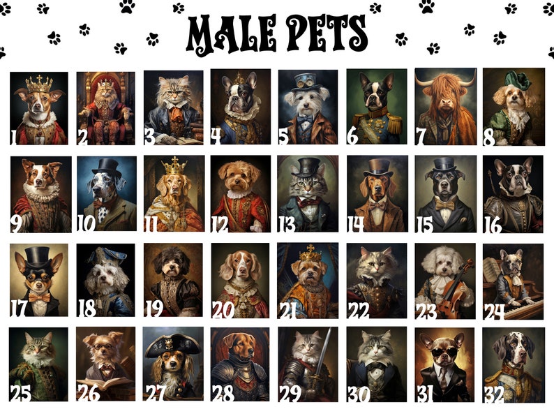 May include: A collage of 32 images featuring various male pets dressed in human clothing and accessories. The pets are in a variety of poses and settings, including sitting on thrones, wearing hats, and holding objects. The images are arranged in a grid pattern with numbers 1 through 32.