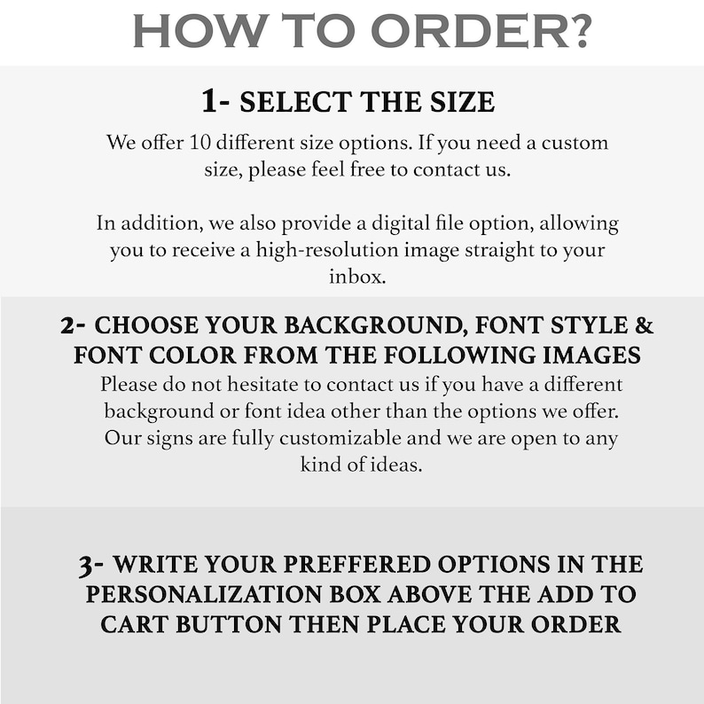 May include: A white graphic with the text "HOW TO ORDER?" and numbered steps for ordering. The steps include selecting a size, choosing background and font, and writing preferred options in the personalization box.