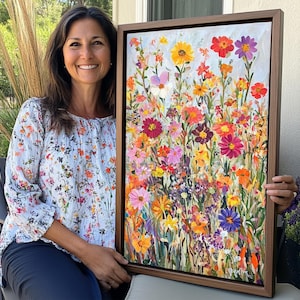 Wild Flowers, Colorful Wildflower Meadow Framed Wall Art, Spring Floral Painting, Botanical Nature Artwork, Modern Farmhouse Canvas Art