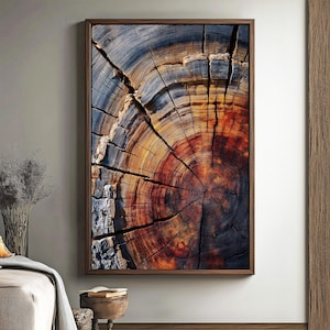 Tree Ring Rustic Framed Wall Art, Tree Stump Art,  Detailed Wood Texture Art, Wood Slice Art, Tree Trunk Print, Modern Nature Wall Décor