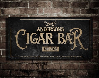 Cigar Bar Sign, Custom Cigar Lounge Sign, Rustic Black Wall Art, Pub Sign, Customized Last Name Sign