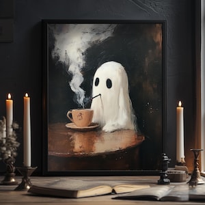 Ghost And Coffee, Funny Ghost Art, Cute Ghost Canvas, Halloween Gift, Spooky Season, Vintage Halloween Wall Art, Halloween Decor