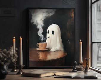 May include: A white ghost with black eyes sits at a table with a cup of coffee and a wisp of smoke rising from the cup. The ghost is holding a small stick in its hand, as if stirring the coffee. The table is dark brown and the background is a dark, moody color.