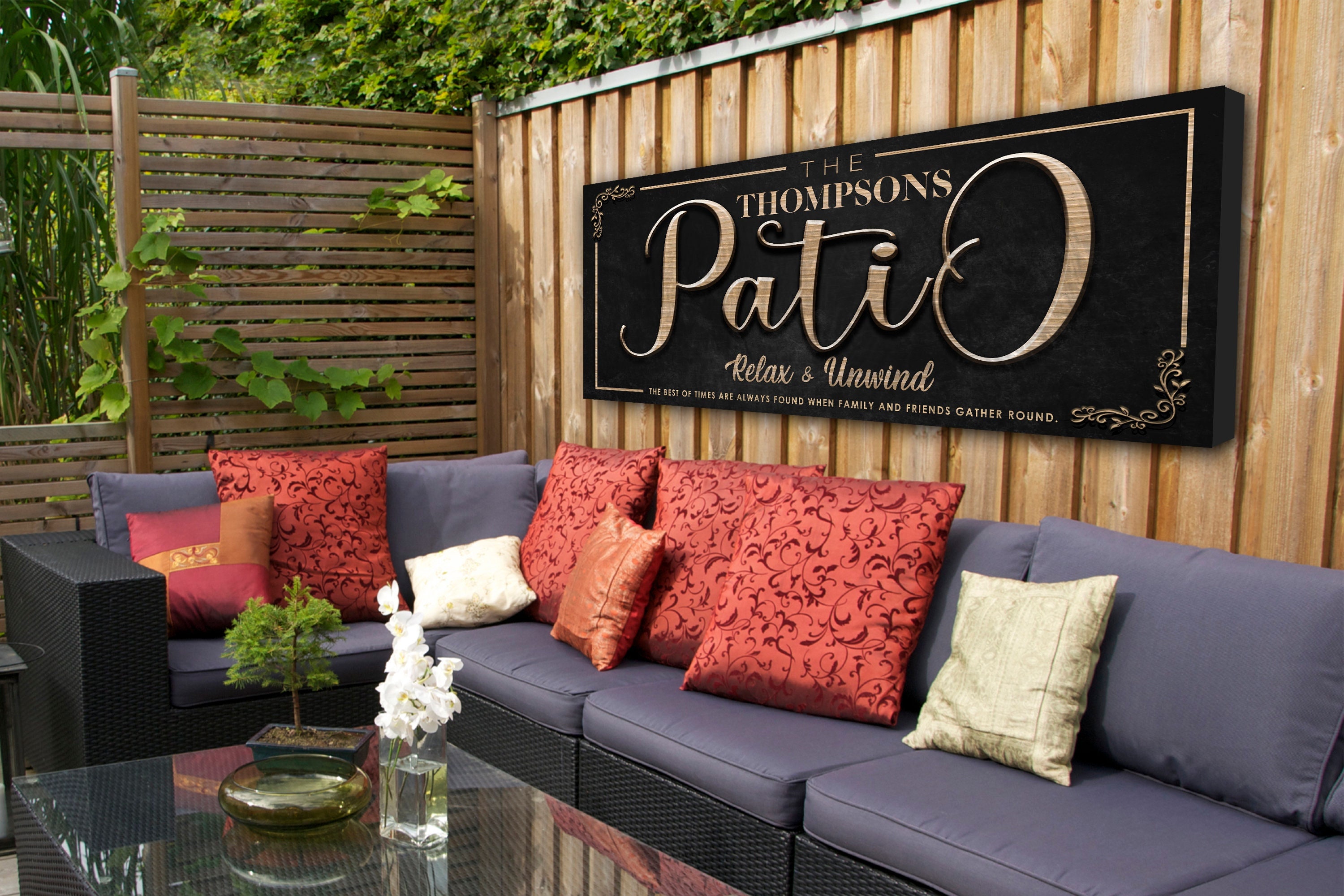 Patio Sign Personalized, Backyard Sign Custom, Large Black Canvas Sign ...