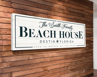 May include: White wooden sign with black text that reads "EST. 2023 The Smith Family BEACH HOUSE DESTIN FLORIDA LIFE IS BETTER AT THE BEACH".