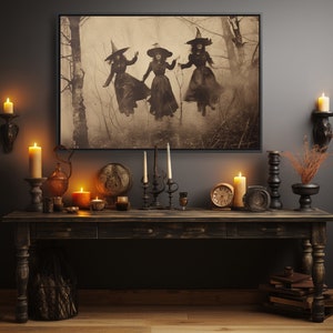 Flying Spooky Witches in Forest, Framed Gothic Wall Art, Witchy Decor, Halloween Gift, Vintage Sepia Canvas Wall Art Print, Witch Art
