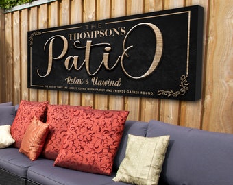 Patio Sign Personalized, Backyard Sign Custom, Large Black Canvas Sign, Patio Decoration Ideas, Farmhouse Wall Art