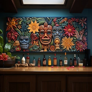 Tiki, Tiki Bar Decor, Tiki Mask and Flowers Wall Art, Tiki Bar Landscape Canvas, Tiki Room Sign, Tiki Decorations, Tiki Faces