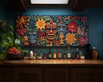 Tiki, Tiki Bar Decor, Tiki Mask and Flowers Wall Art, Tiki Bar Landscape Canvas, Tiki Room Sign, Tiki Decorations, Tiki Faces
