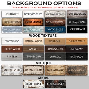 May include: Image showcasing a variety of background options, wood textures, antique finishes, and metal styles. Text includes "BACKGROUND OPTIONS" and "WE CAN WORK WITH ANY BACKGROUND THAT ISN'T LISTED BELOW."