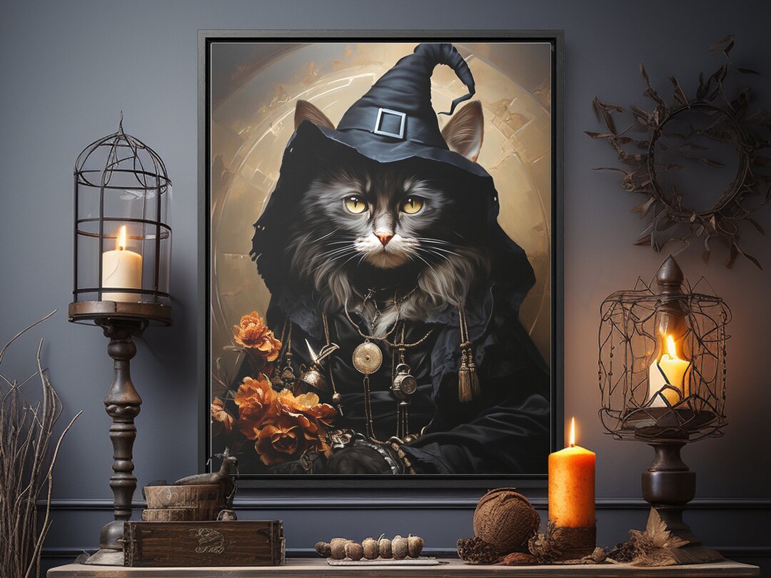 Black Cat in Witch Costume Framed Canvas, Halloween Wall Art, Cat Wears ...
