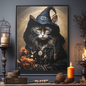 Black Cat In Witch Costume Framed Canvas, Halloween Wall Art, Cat Wears Witch Hat, Gothic Oil Painting, Dark Academia, Gothic Victorian