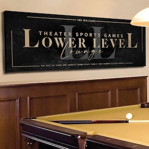 Lower Level Lounge Sign, Custom Lower Level Wall Art, Personalized Basement Sign, Theater Sports Games, Large Black Canvas Print