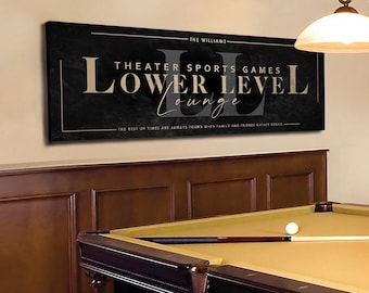 Lower Level Lounge Sign, Custom Lower Level Wall Art, Personalized Basement Sign, Theater Sports Games, Large Black Canvas Print