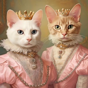 Könnte beinhalten: Zwei Katzen, die als Könige verkleidet sind, tragen rosa Kleider, goldene Kronen und Perlenketten. Die weiße Katze ist links und die orangefarbene Tabby-Katze rechts.