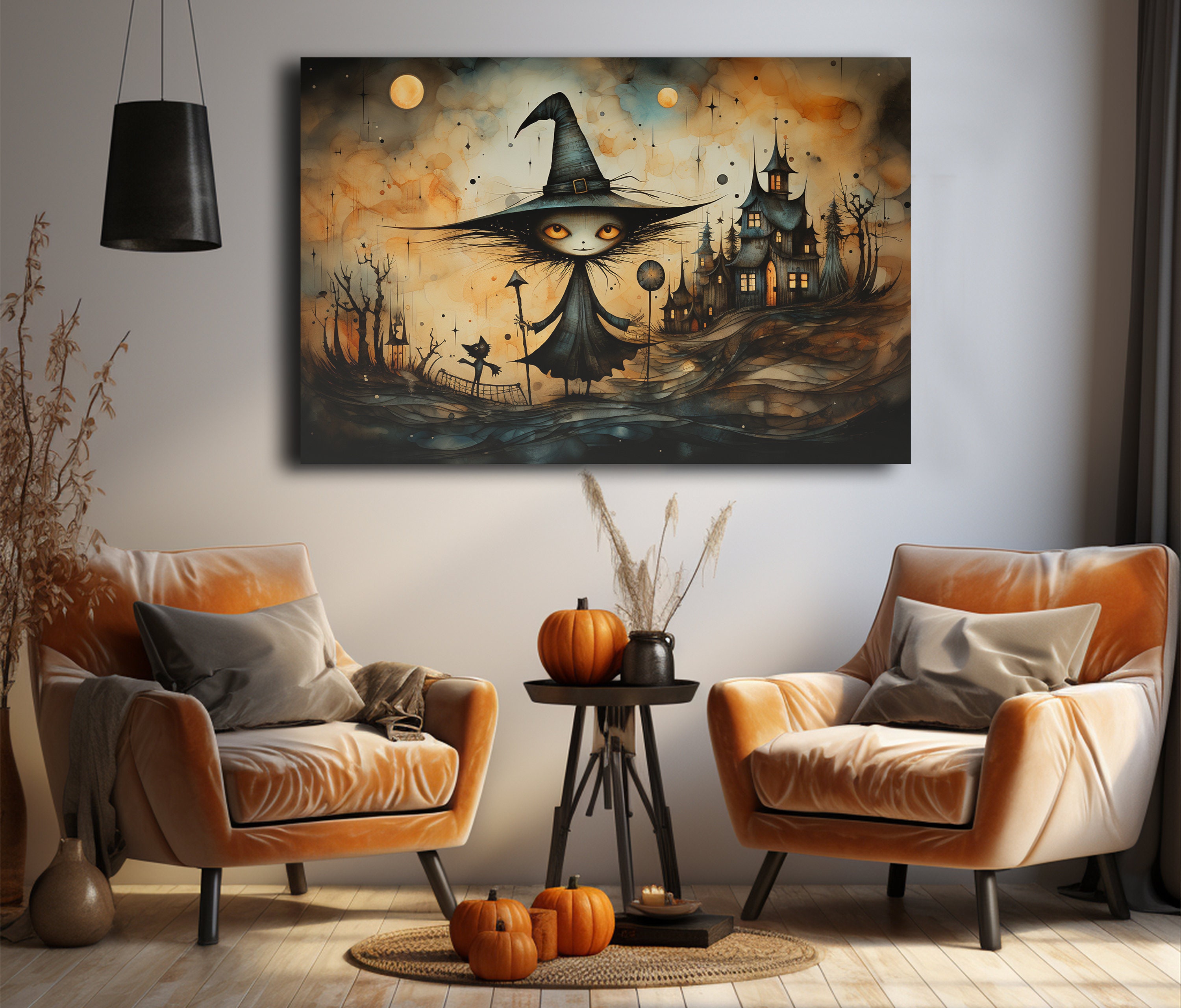 Halloween Canvas Wall Art Framed Landscape, Witch and a Black Cat Front ...