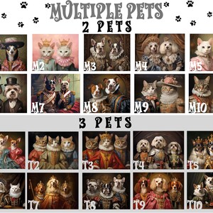 May include: A collage of images showing different pet portraits in various styles. The images are labeled with numbers and letters. The text "Multiple Pets" and "2 Pets" and "3 Pets" is displayed at the top of the collage.