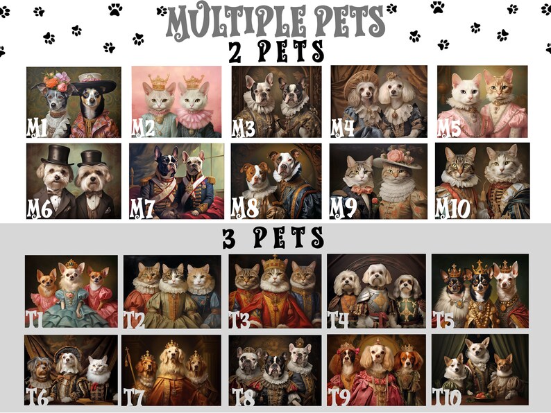 May include: A collage of images showing different pet portraits in various styles. The images are labeled with numbers and letters. The text "Multiple Pets" and "2 Pets" and "3 Pets" is displayed at the top of the collage.