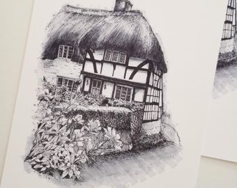 English Cottage Art Print A5, Rustic Cottage Fine Art Print, Printed from my own Original Pen and Ink with Markers, Cottage Art Gift